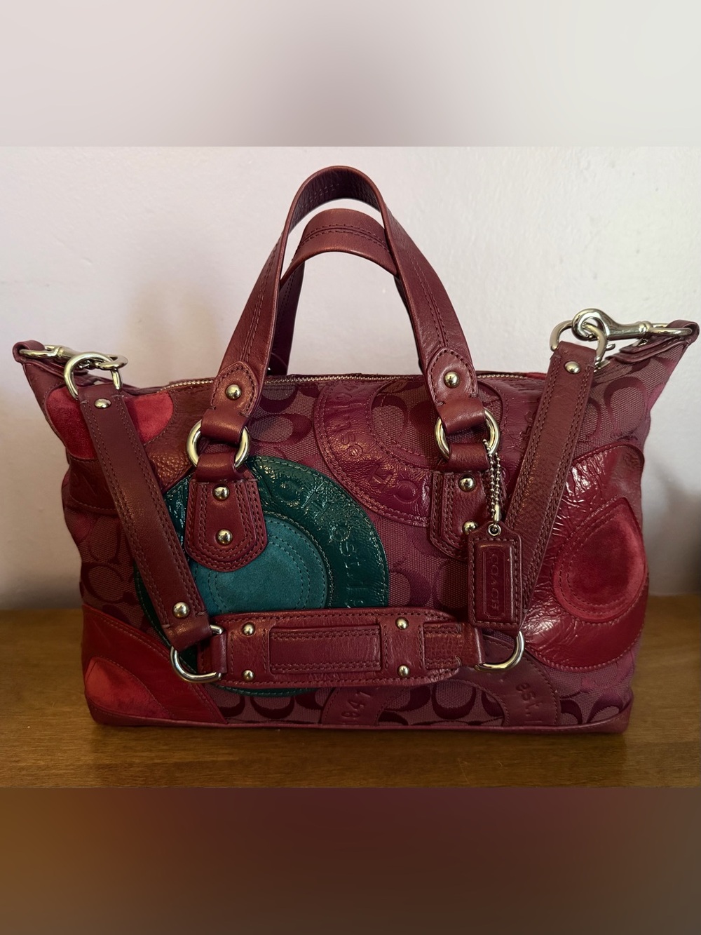Coach Ashley Pieced Patchwork Satchel Berry Burgundy Leather Signature Canvas